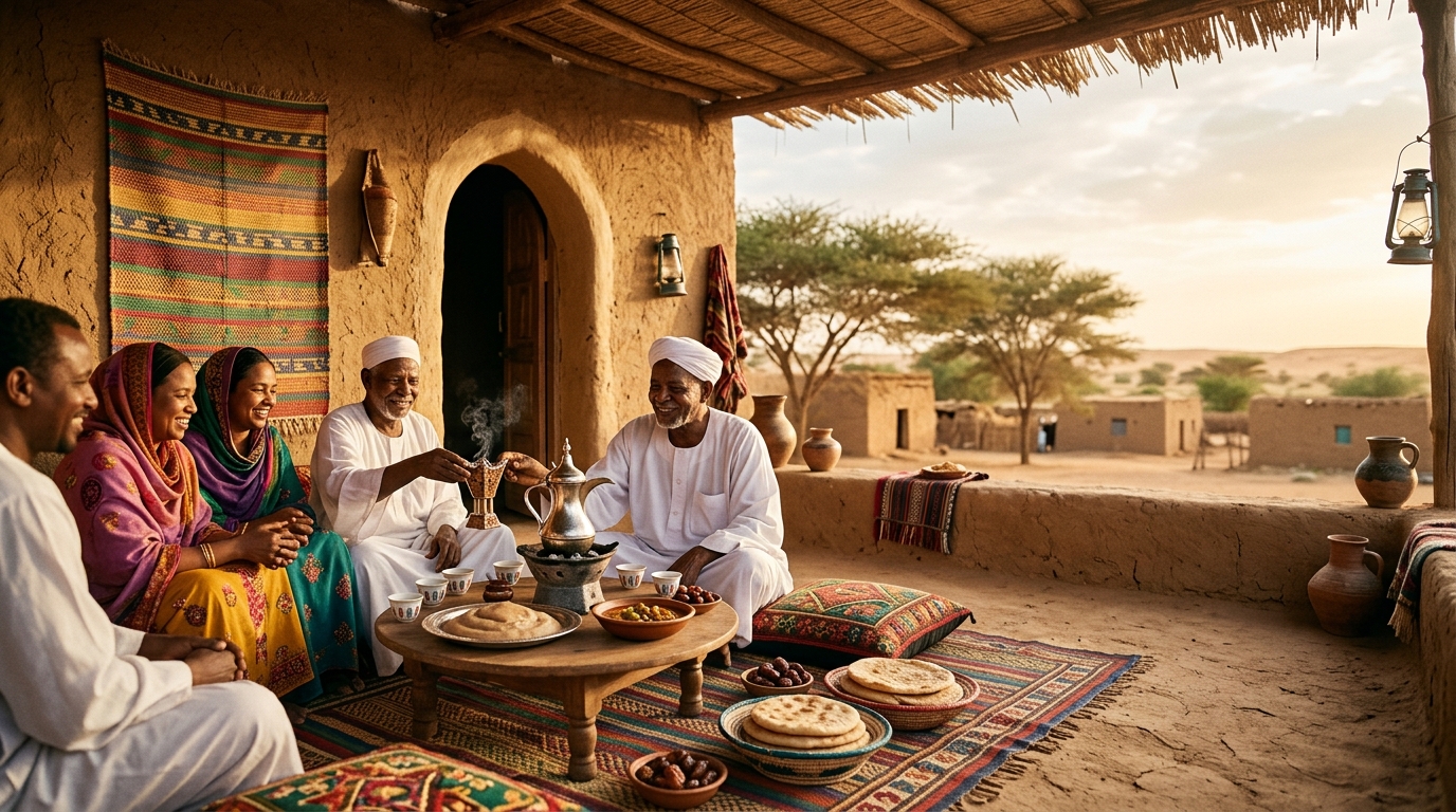 Sudanese family sharing tea at sunset