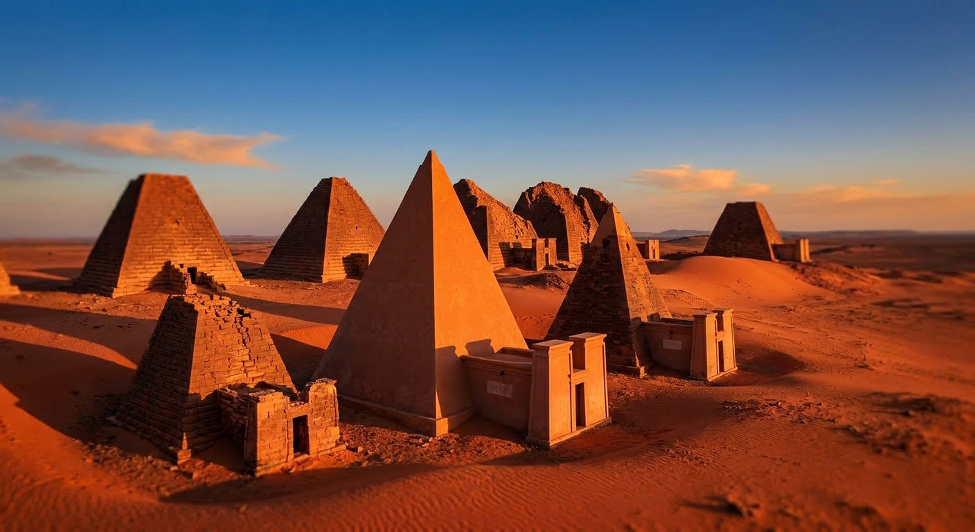 The ancient pyramids of Meroë, Sudan at sunset